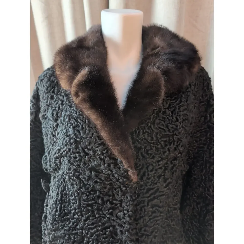 Vintage Black Curly Persian Lamb Long Jacket Coat Mink Collar 1960s FLAWS Size L
